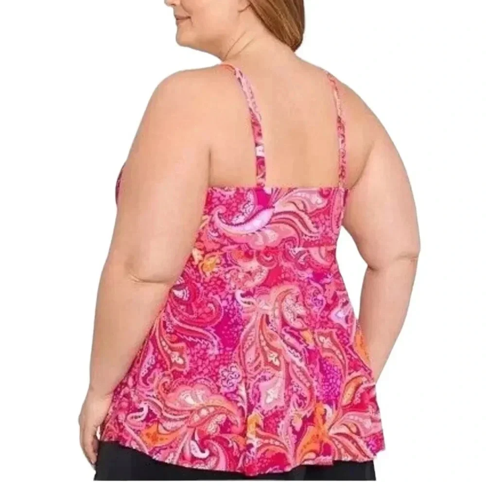 Swim Solutions Plus Size Underwire Paisley Tankini Swim Top Pink Size 18 NWT